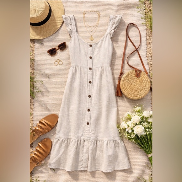 Monteau Dresses & Skirts - Monteau Linen Button-Front Midi Sundress with Flutter Straps